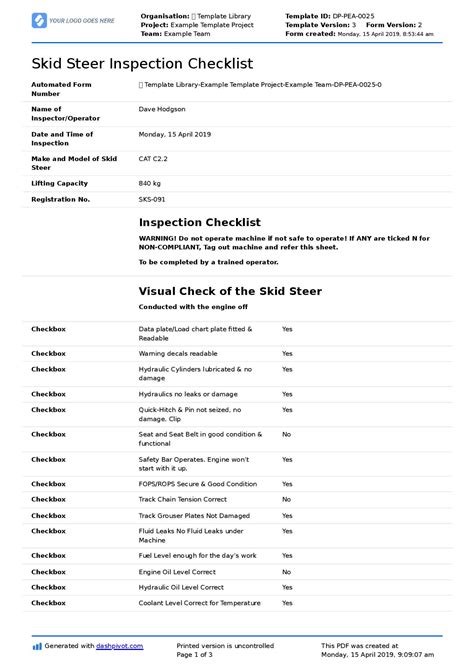 bobcat skid steer maintenance checklist|skid steer daily inspection checklist.